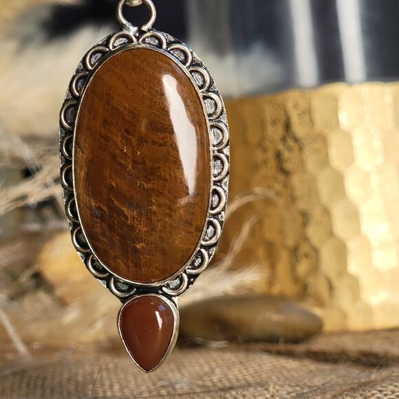 Earthy Sterling Silver Petrified Wood Pendant with Carnelian Drop - Picture 4 of 10